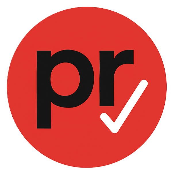peer reviews logo red circle with letters pr in black text with white tick.